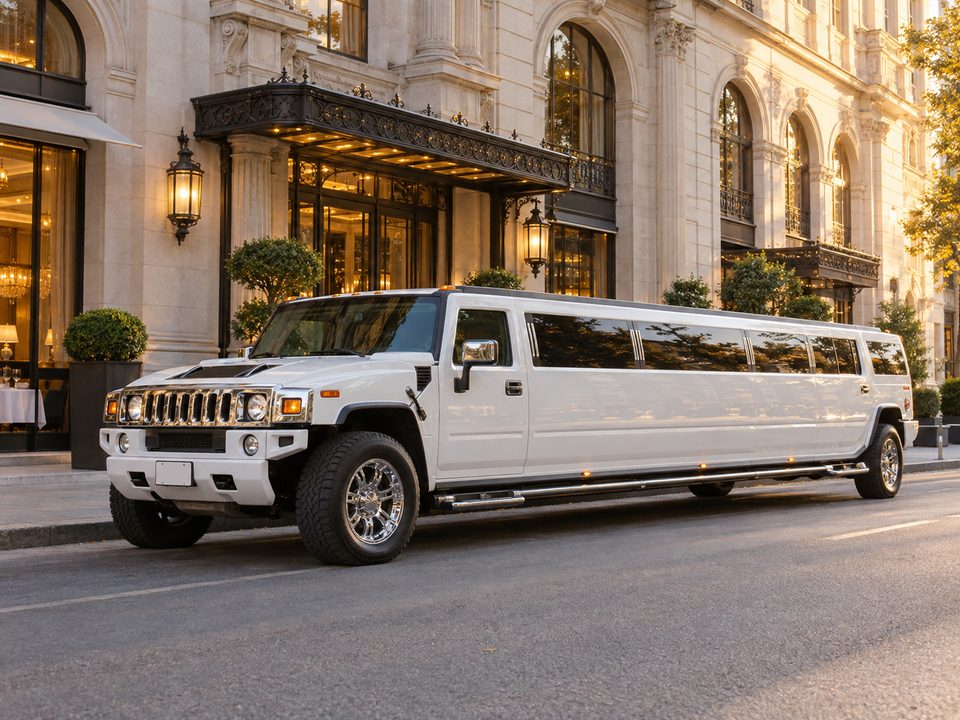 Белый лимузин Hummer H2 у ресторана