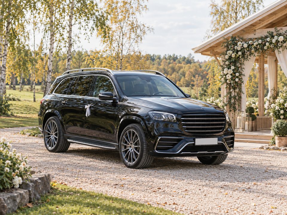 Чёрный внедорожник Mercedes у загородной площадки для свадьбы